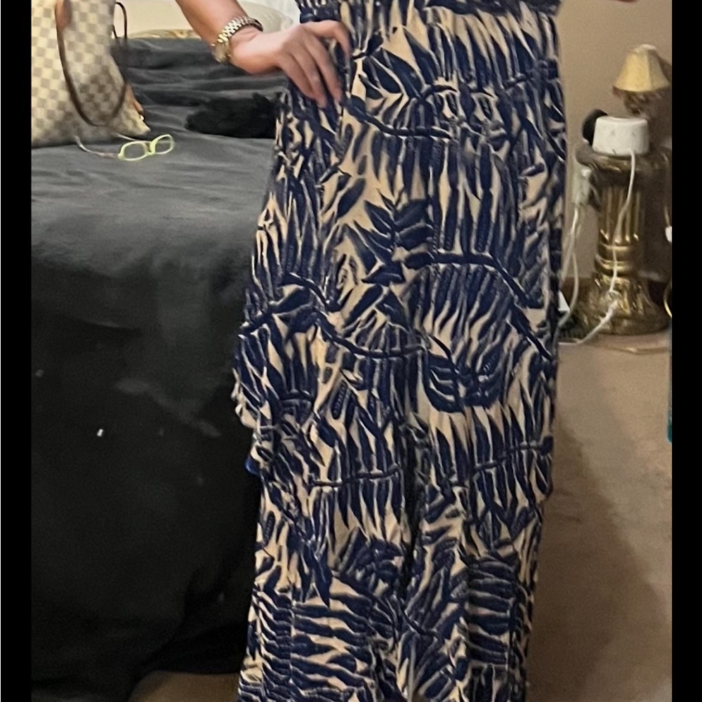 Navy and Cream Leaf Print Maxi Skirt